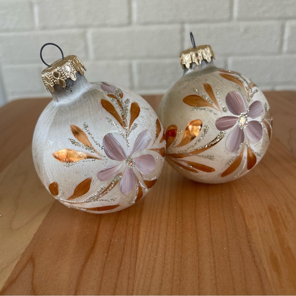 Vintage MCM West Germany Ornaments Set of 2 White w/Purple & Copper Flowers